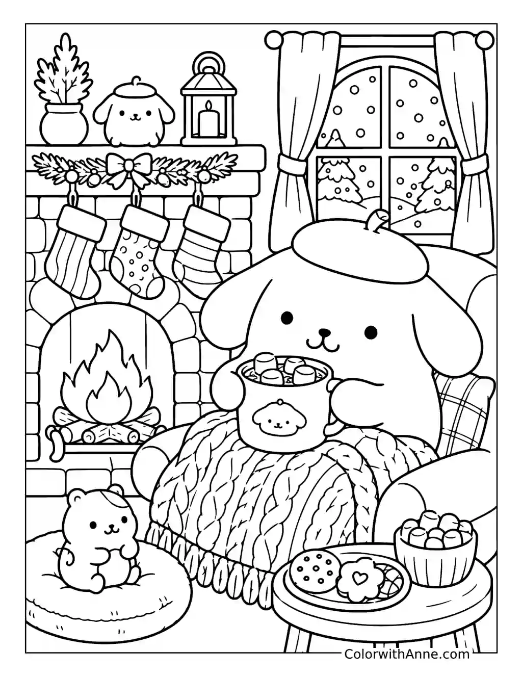 Cozy Holiday Dog by the Fireplace coloring page