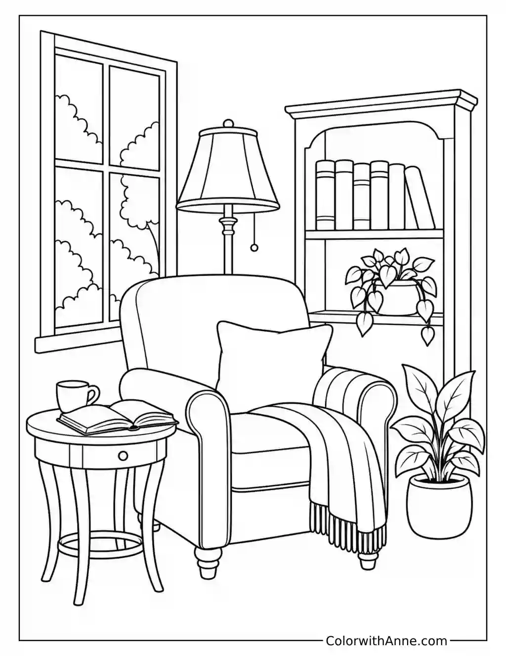 Cozy Library Reading Nook coloring page