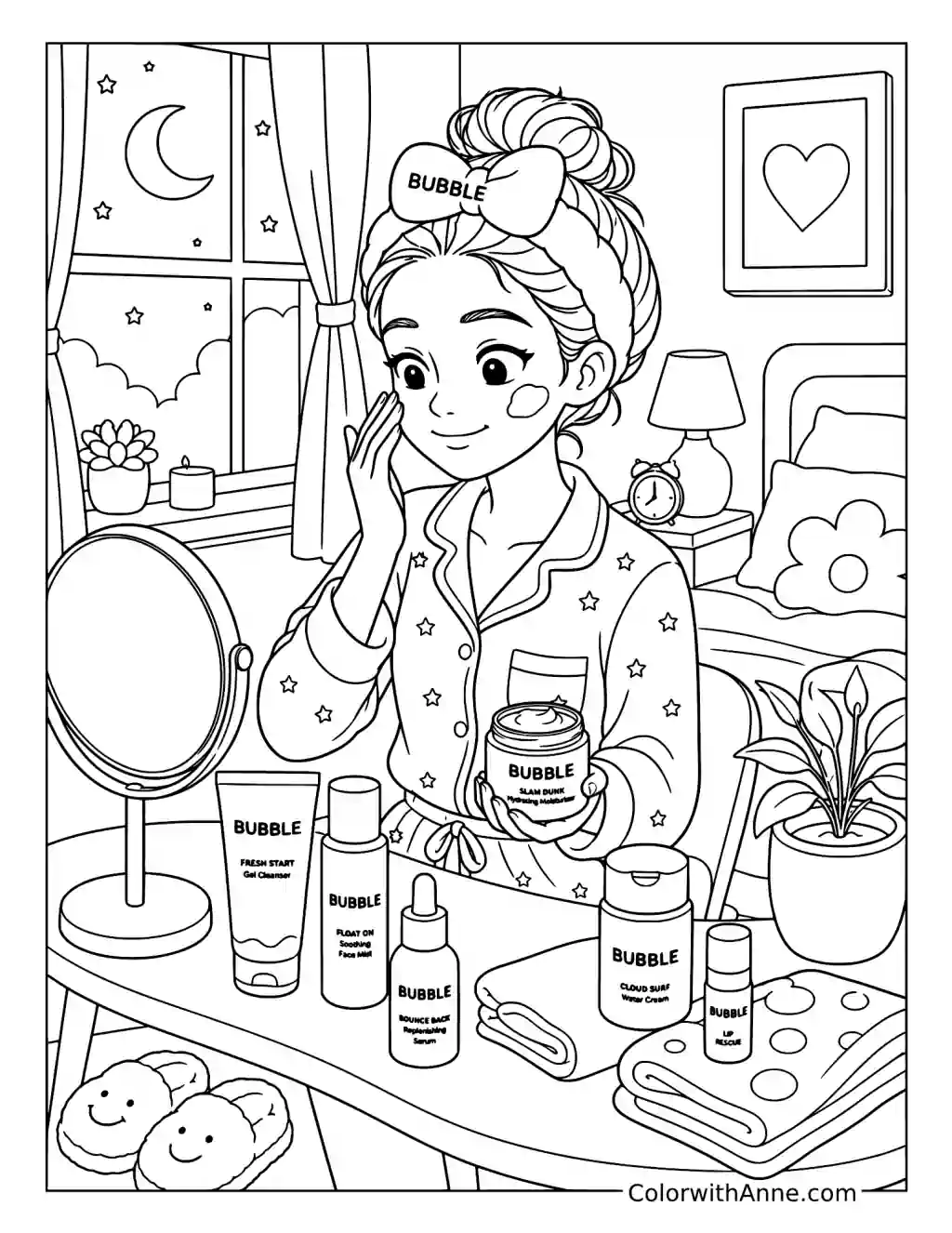 Cozy Nighttime Skincare coloring page