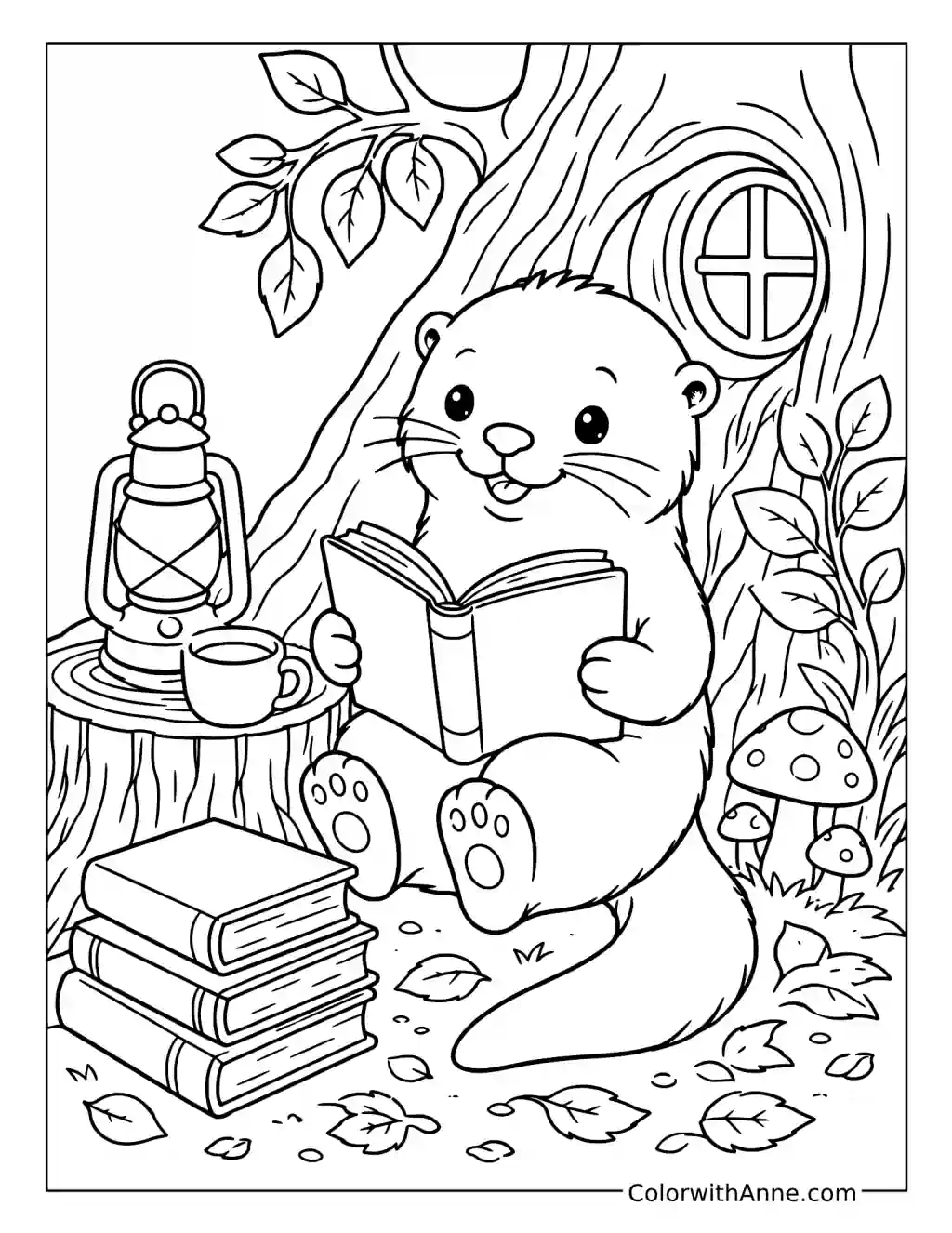 Cozy Otter Reading by a Hollow Tree coloring page
