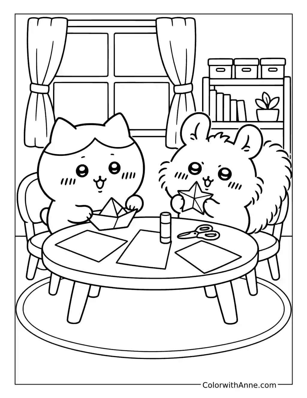 Cozy Paper Crafts with Hachiware and Momonga coloring page