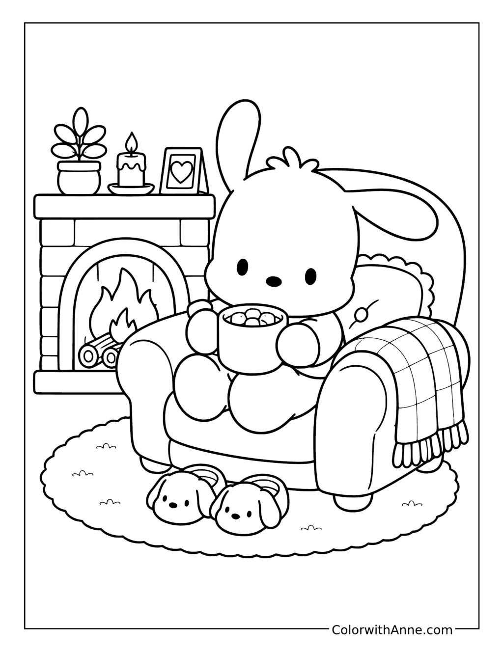 Cozy Pochacco by the Fireplace coloring page