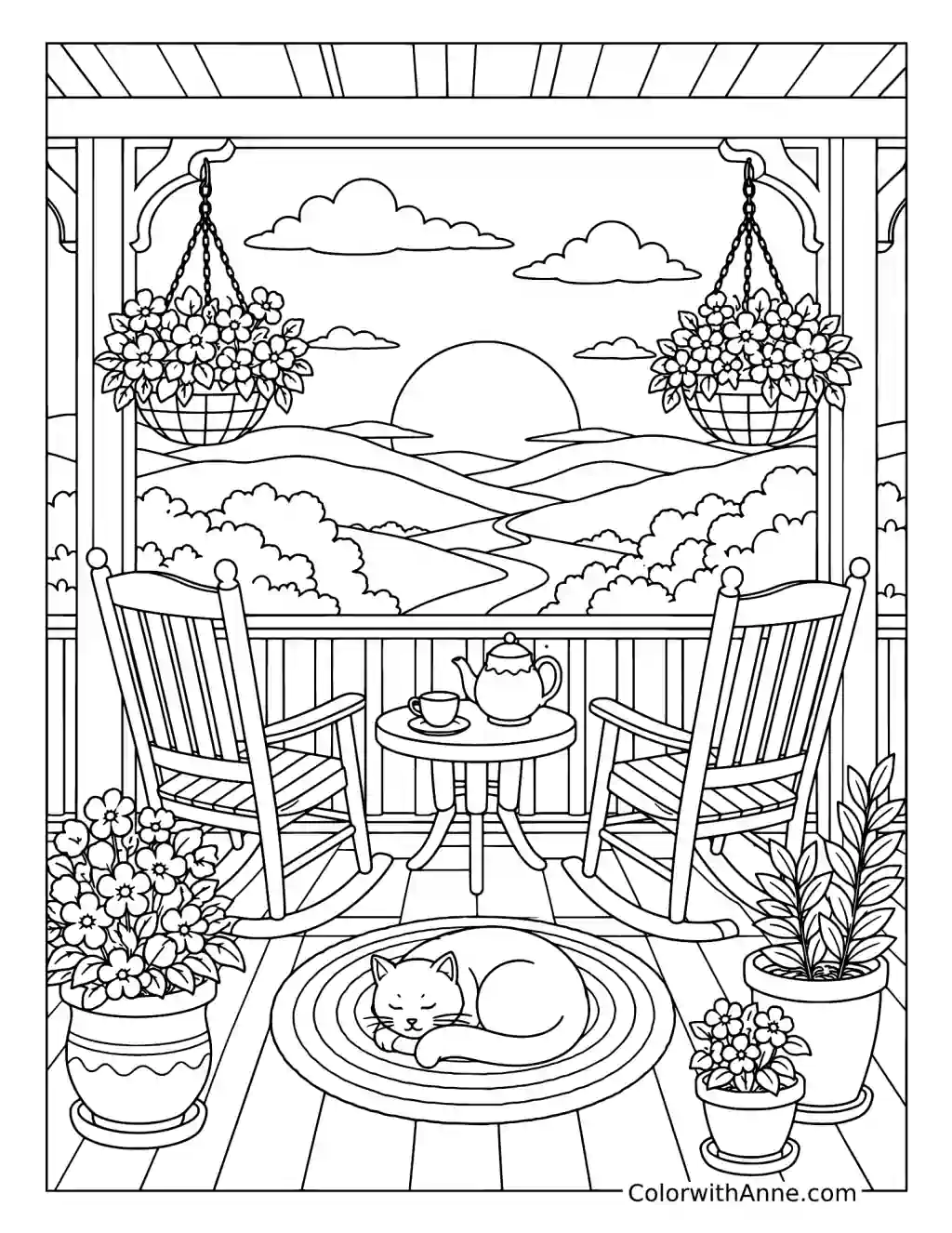 Cozy Porch at Sunset coloring page