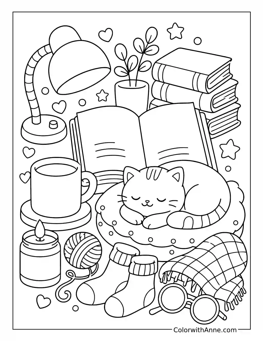 Cozy Reading Corner Doodle Art coloring page