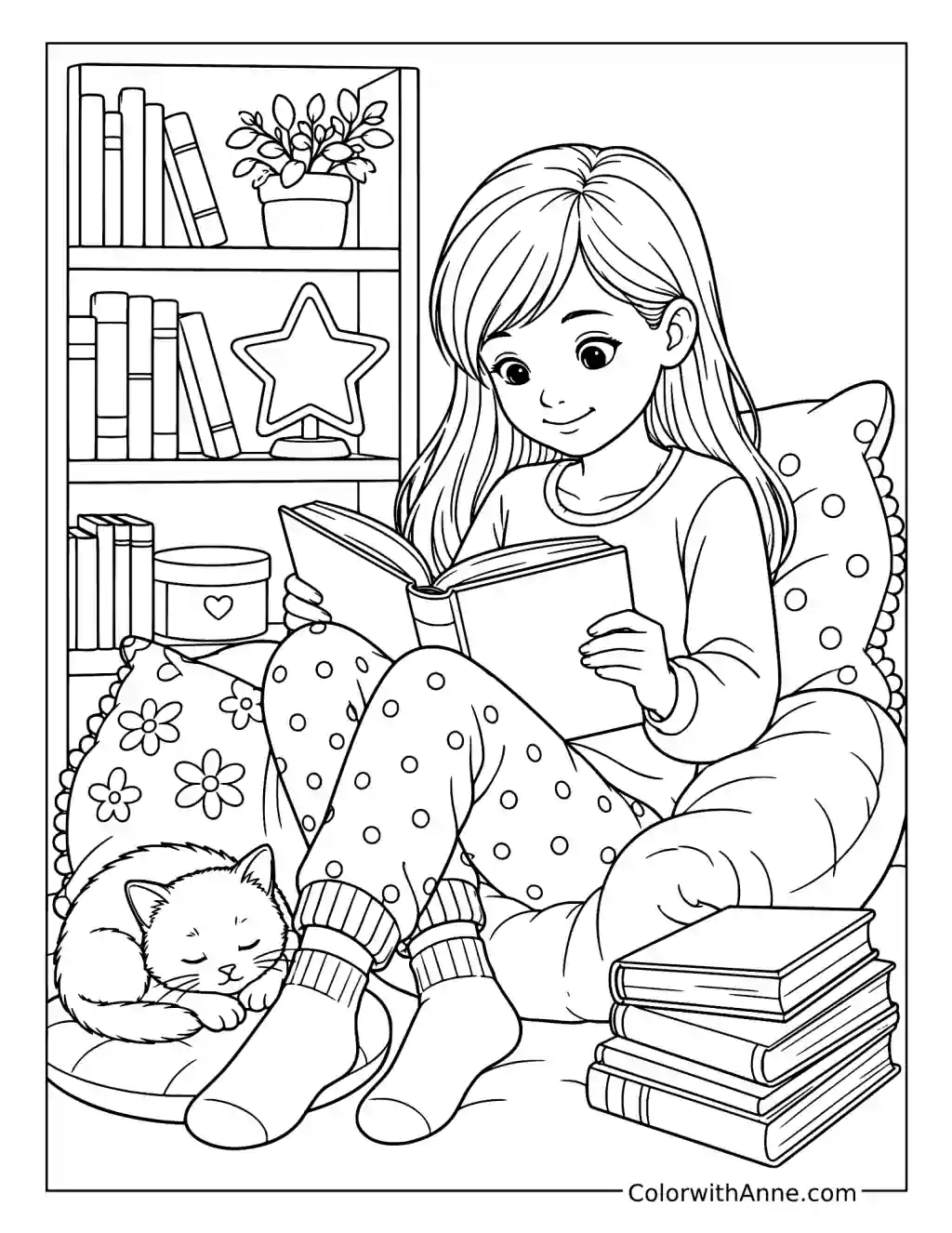 Cozy Reading Nook with Kitten coloring page