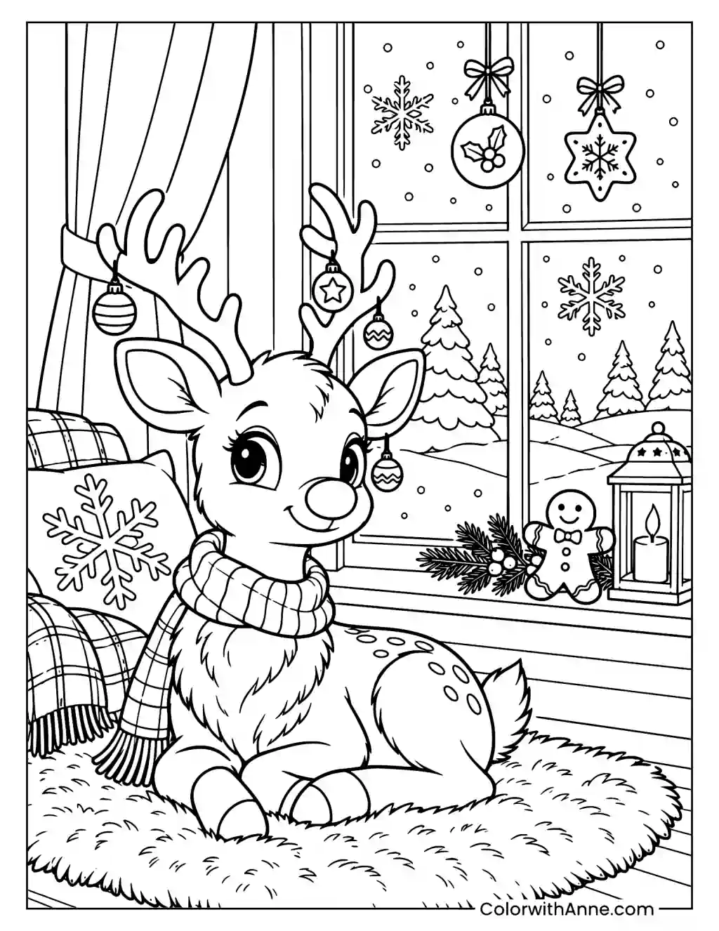 Cozy Rudolph at the Windowsill Coloring Page