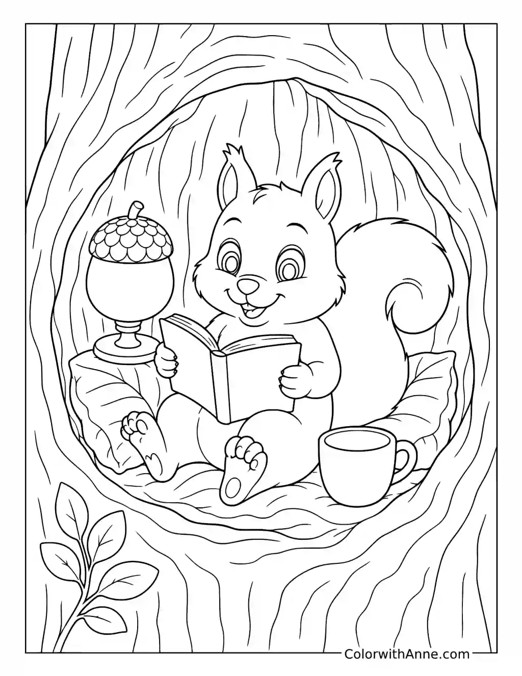 Cozy Squirrel Reading in a Tree Hollow coloring page
