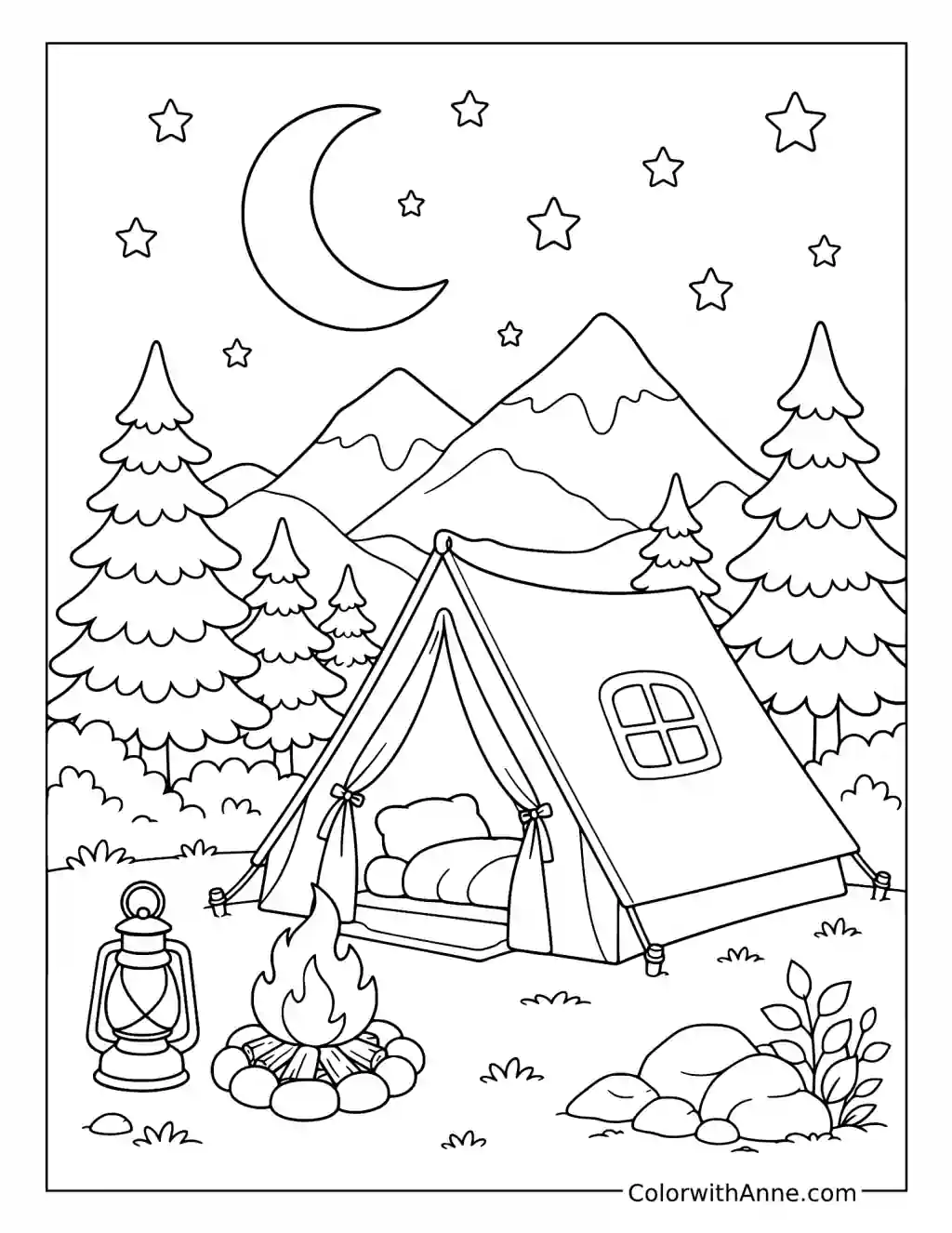 Cozy Tent Beneath the Crescent Moon coloring page