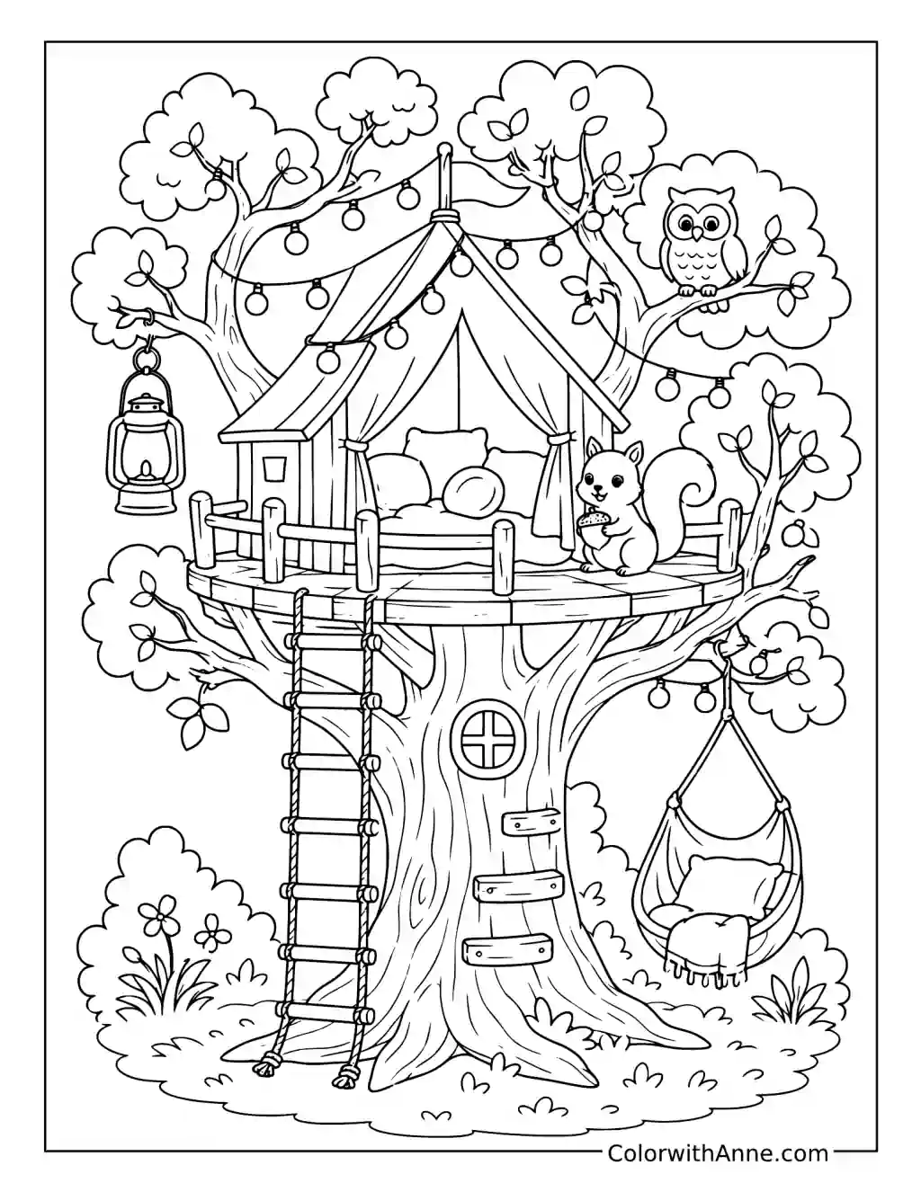 Cozy Treehouse Campout with Woodland Friends coloring page