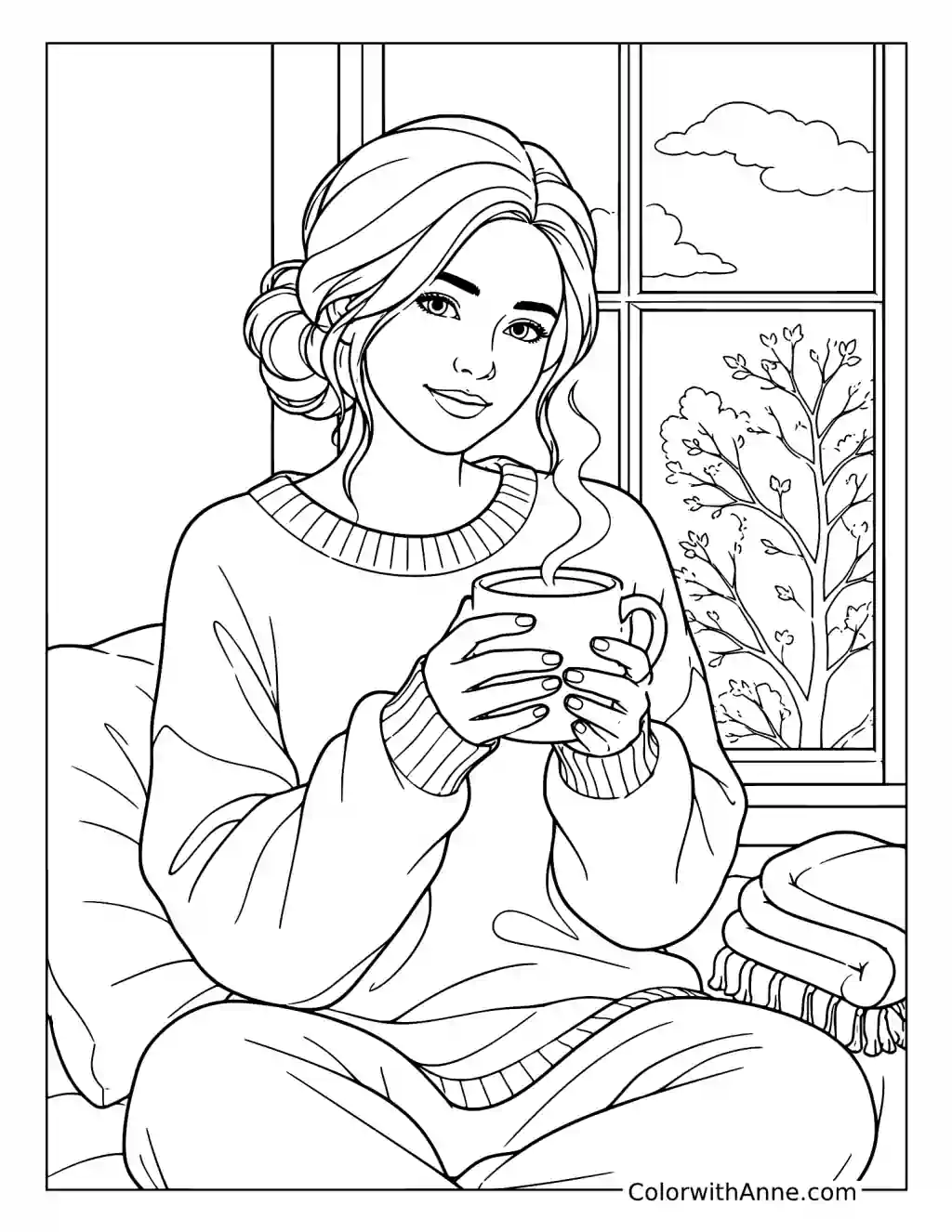 Cozy Woman by the Window, Warm Mug coloring page