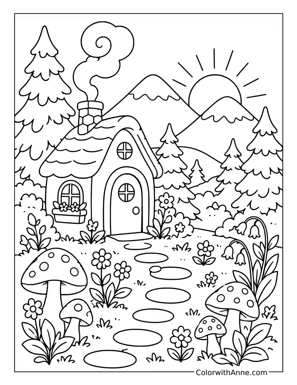Cozy Woodland Cabin at Sunrise coloring page
