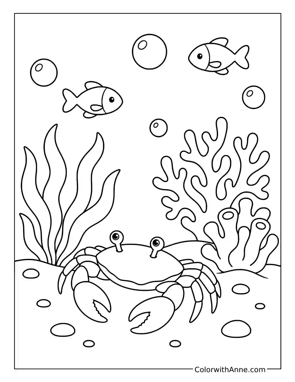 Crab Among Coral and Bubbles coloring page