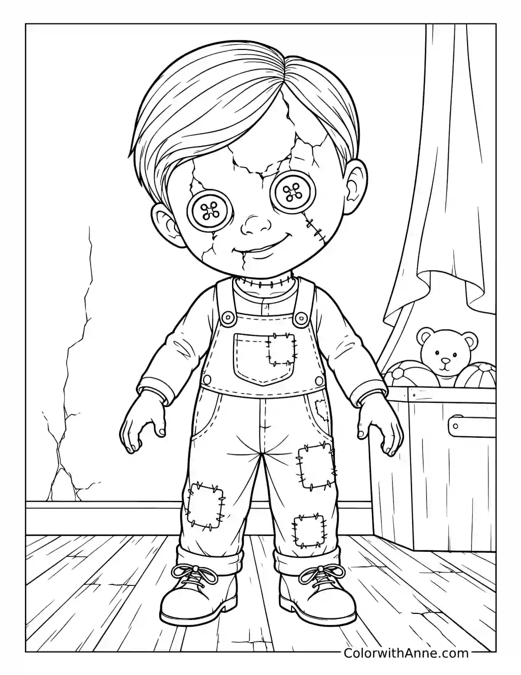 Creepy Button-Eyed Doll in Overalls coloring page