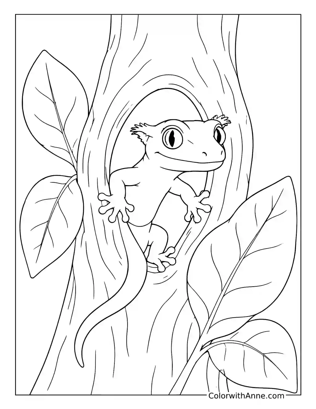 Crested Gecko Peeking from a Tree Hollow coloring page