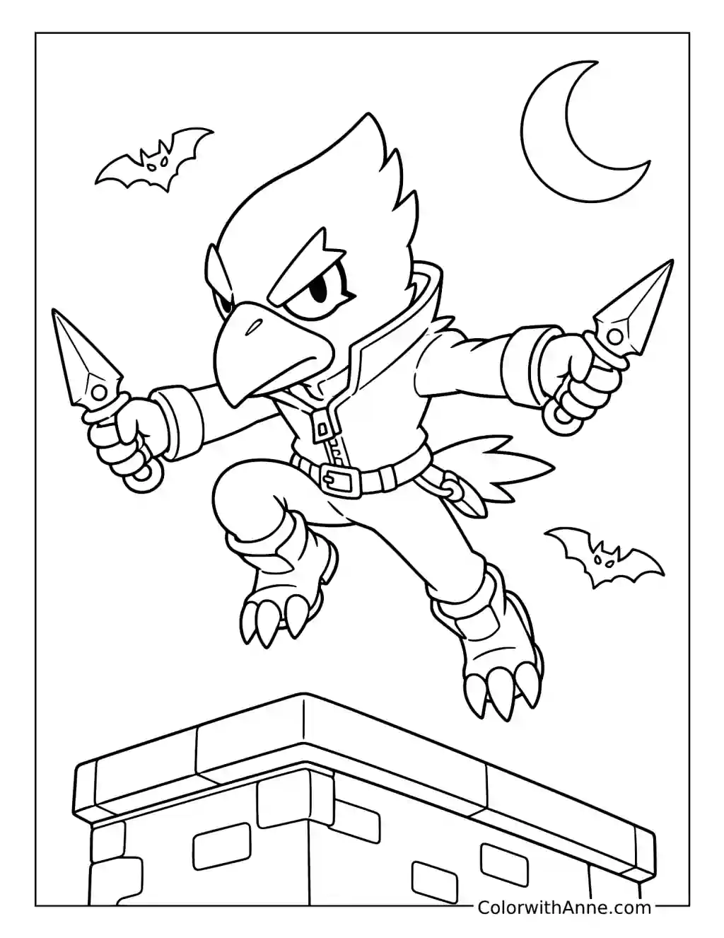 Crow Leaping above a Rooftop with Daggers coloring page