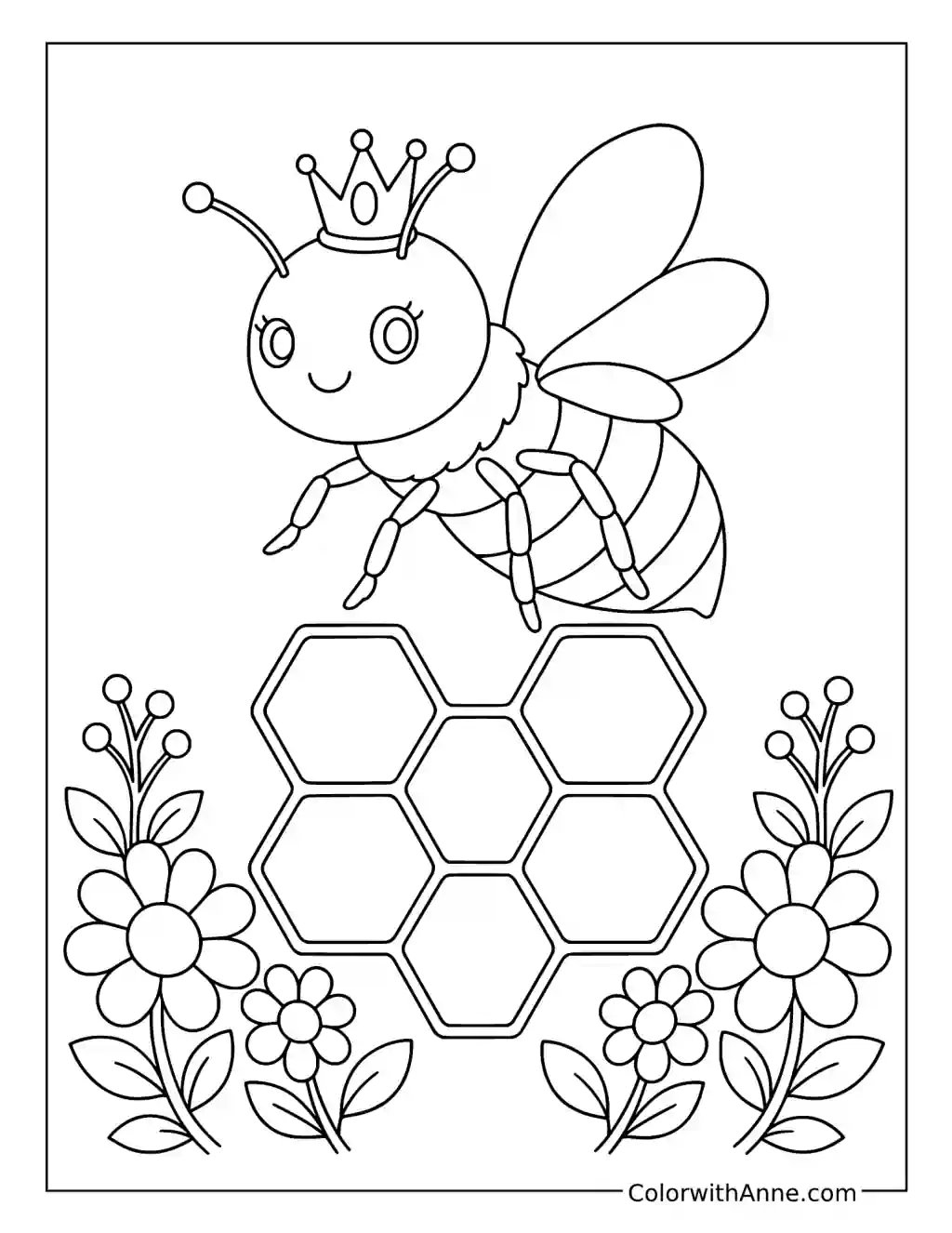 Crowned Bee Above Honeycomb and Flowers coloring page