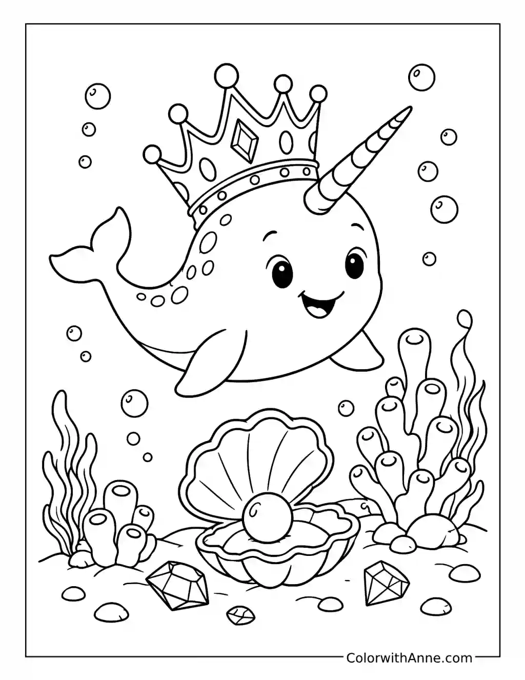 Crowned Narwhal Above a Pearl Shell coloring page