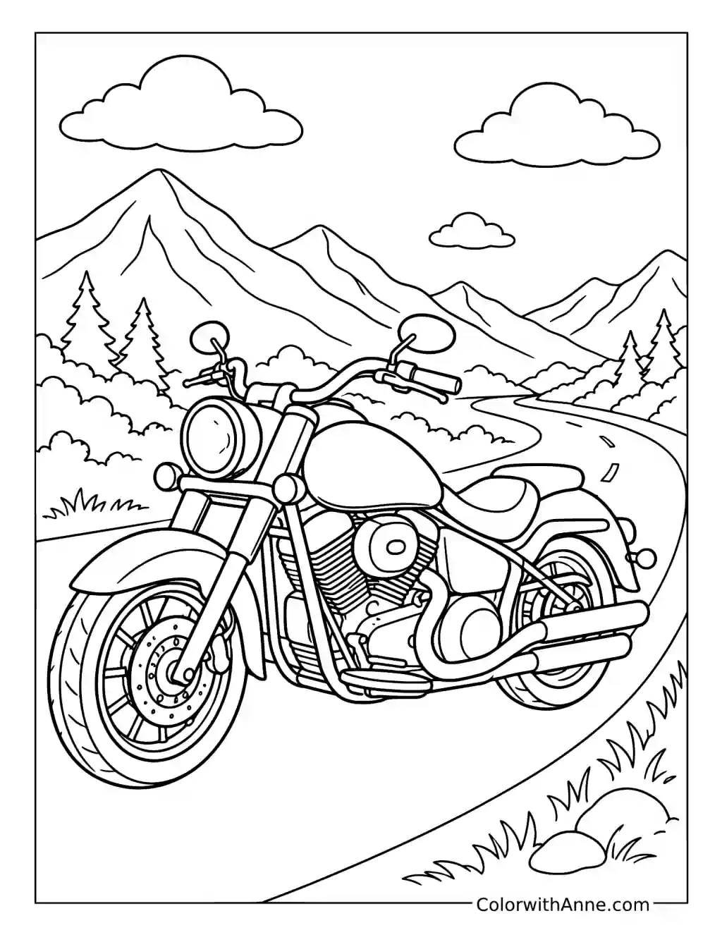 Cruiser Motorcycle on a Mountain Road coloring page