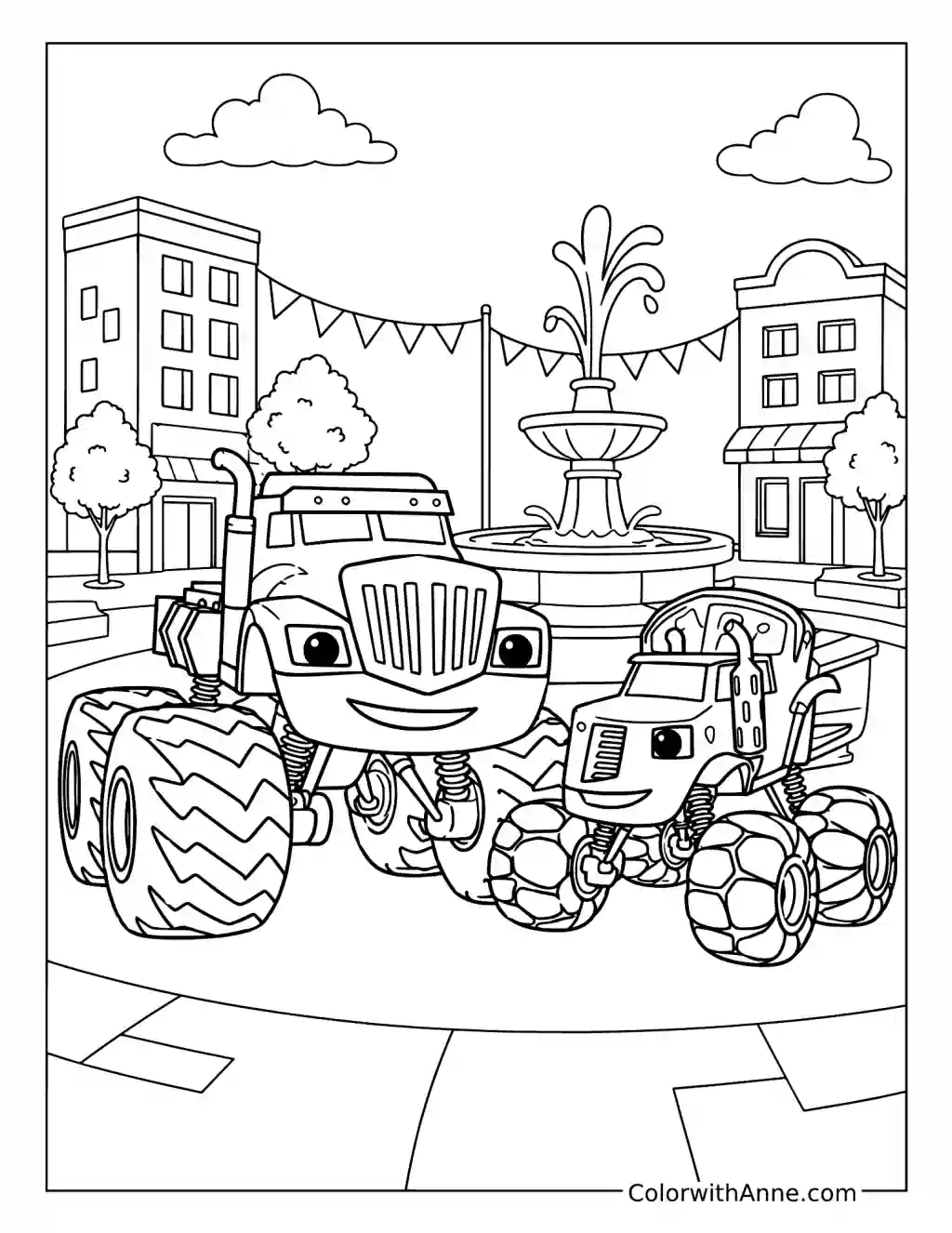 Crusher and a Monster Truck at the City Fountain coloring page