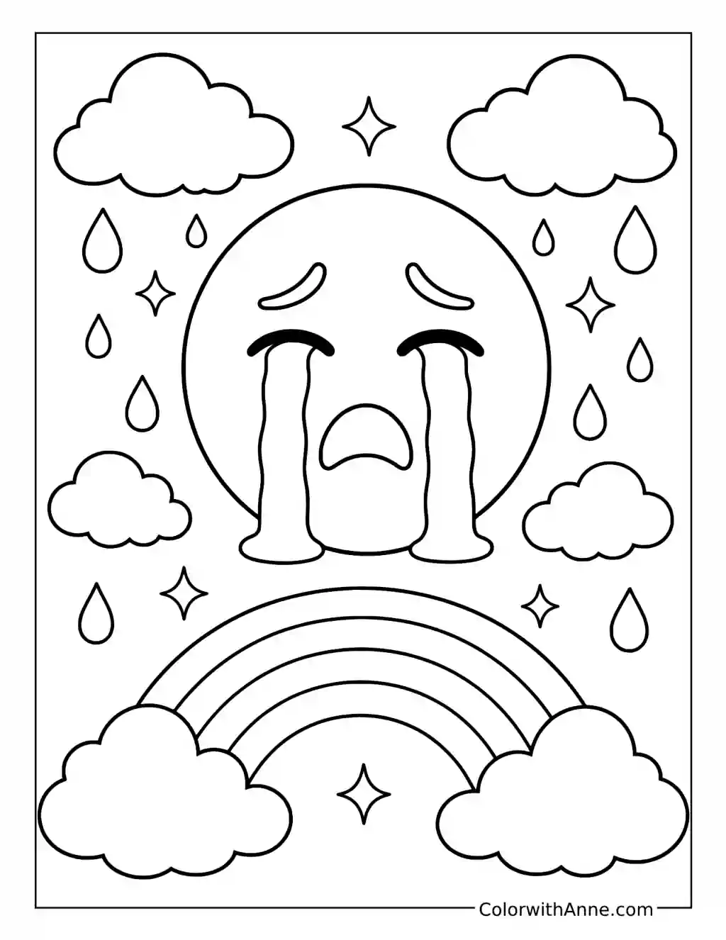 Crying Emoji with Rain Clouds and a Rainbow coloring page