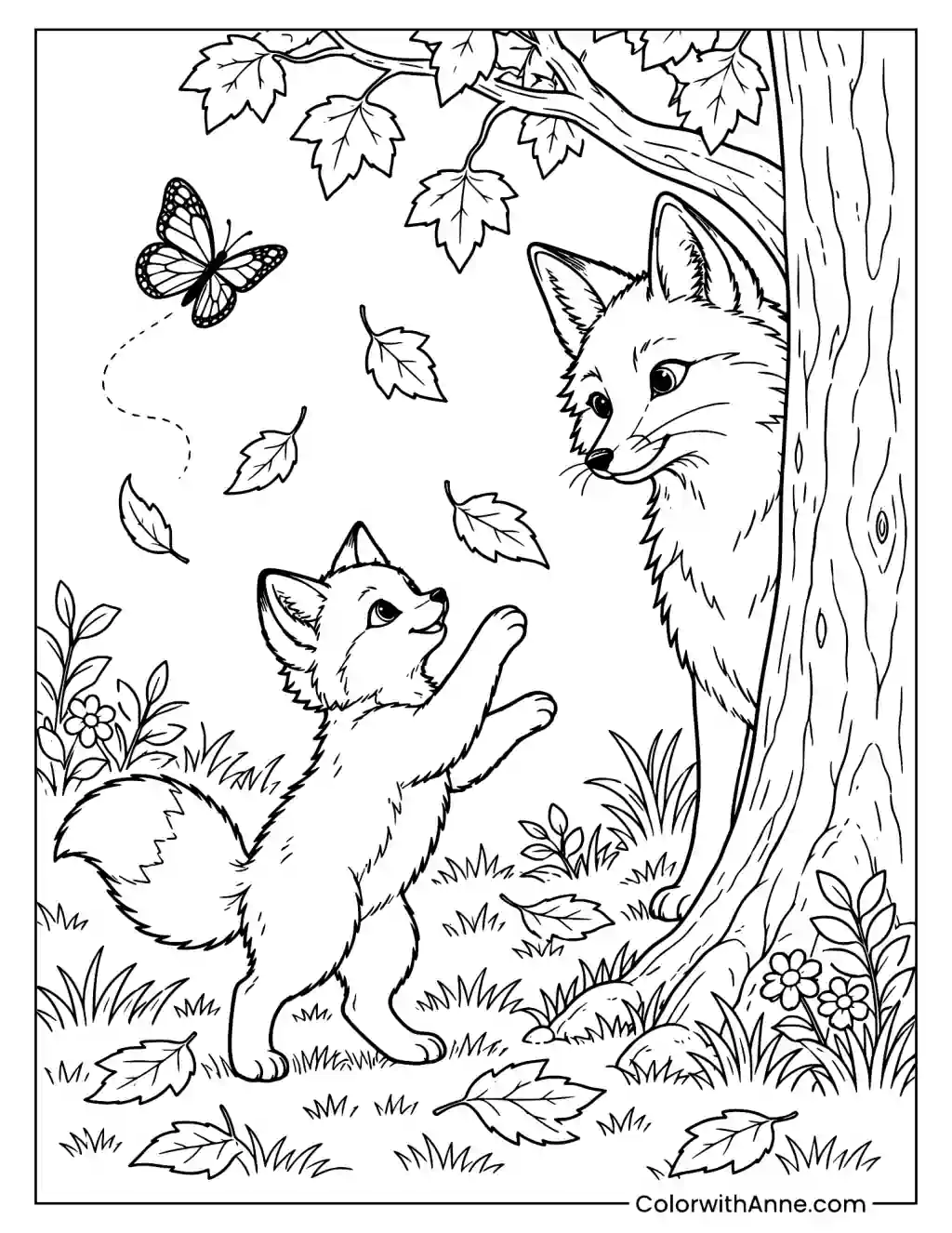 Curious Fox Cub Chasing Falling Leaves Coloring Page