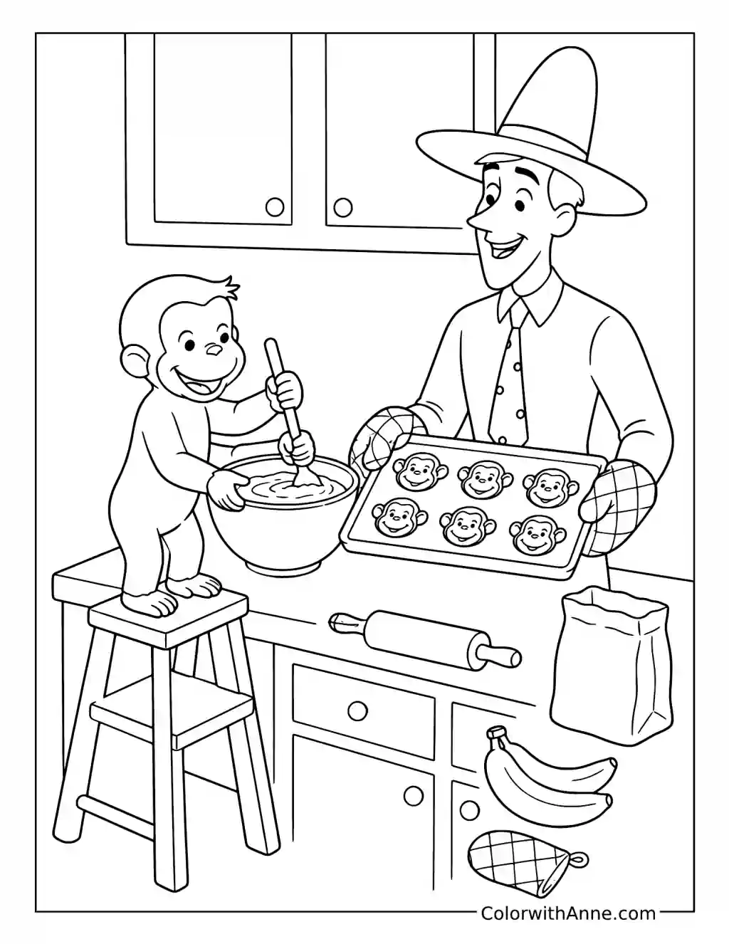Curious George Baking Cookies coloring page