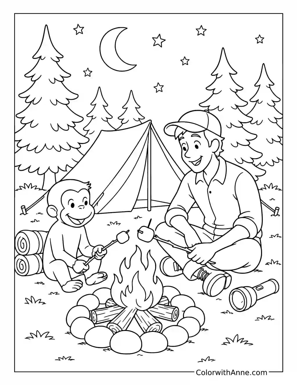 Curious George Camping with Bill coloring page