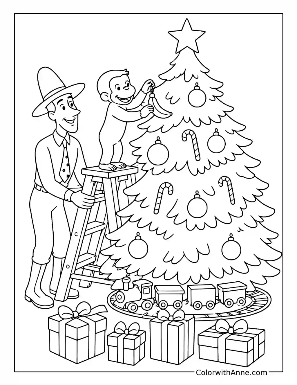 Curious George Decorating a Christmas Tree coloring page
