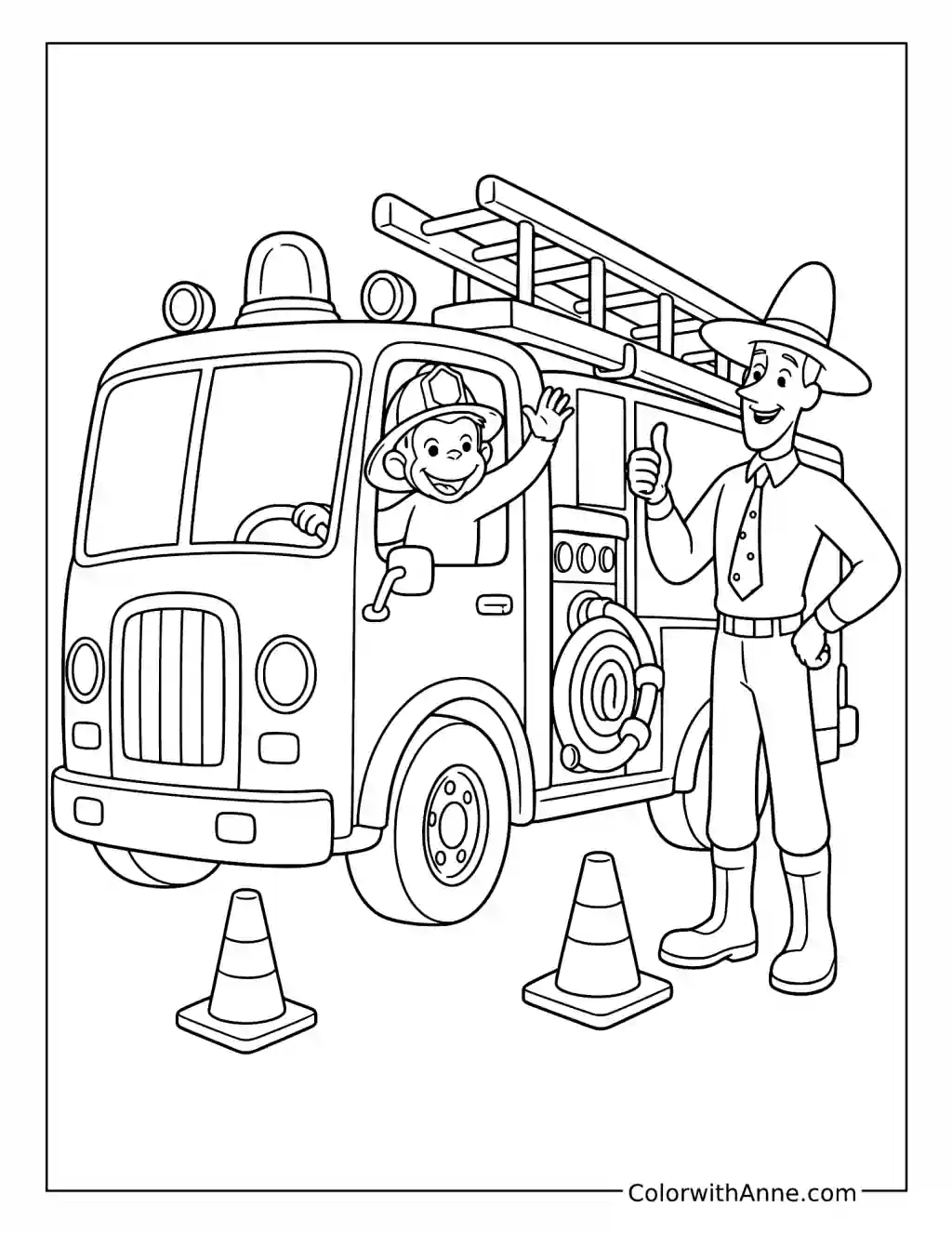 Curious George Driving a Fire Truck coloring page