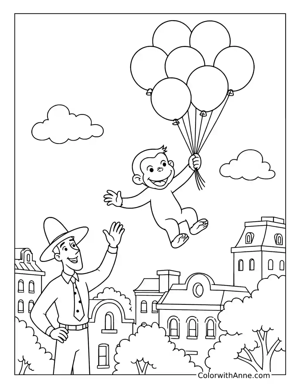 Curious George Flying with Balloons coloring page