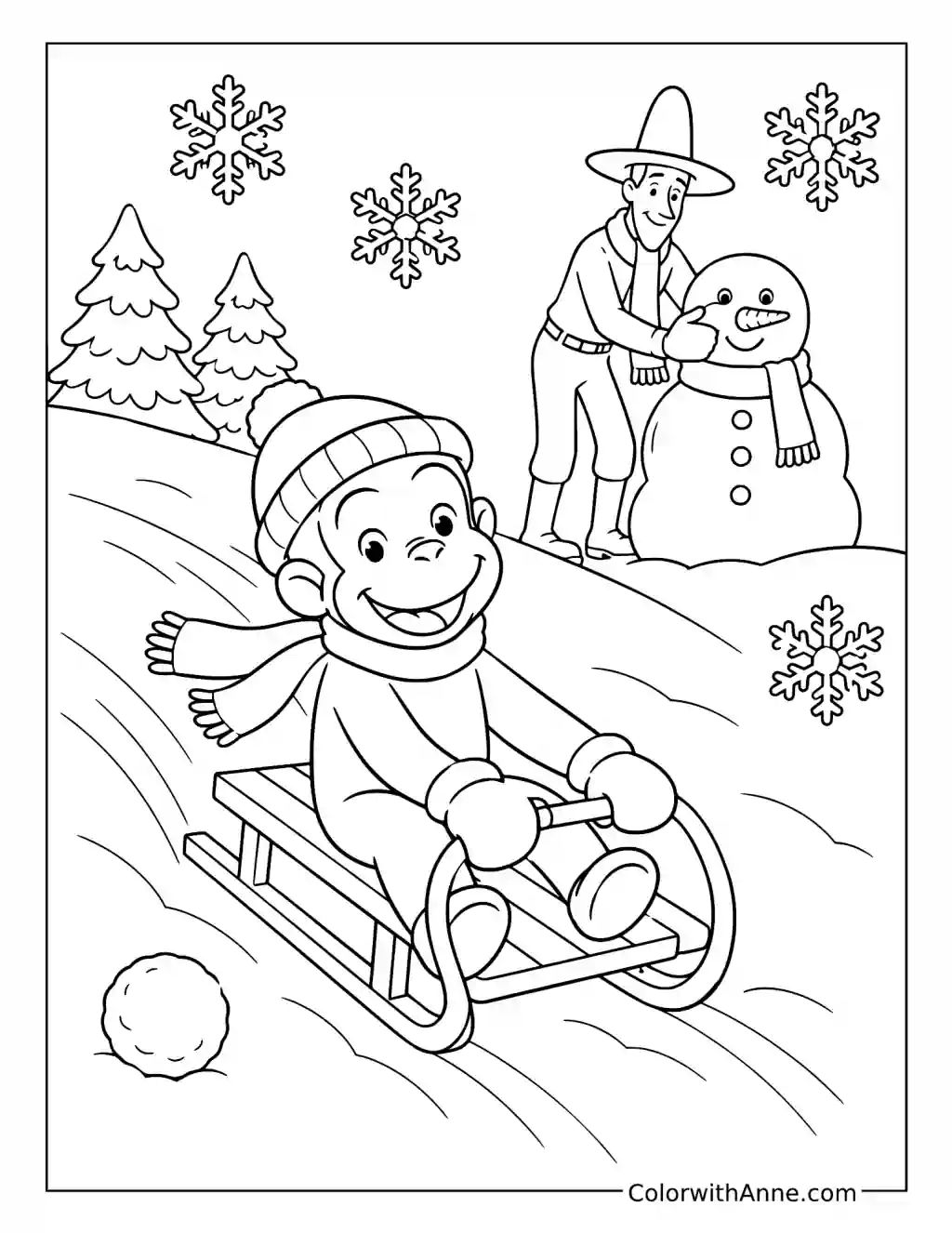 Curious George Playing in the Snow coloring page