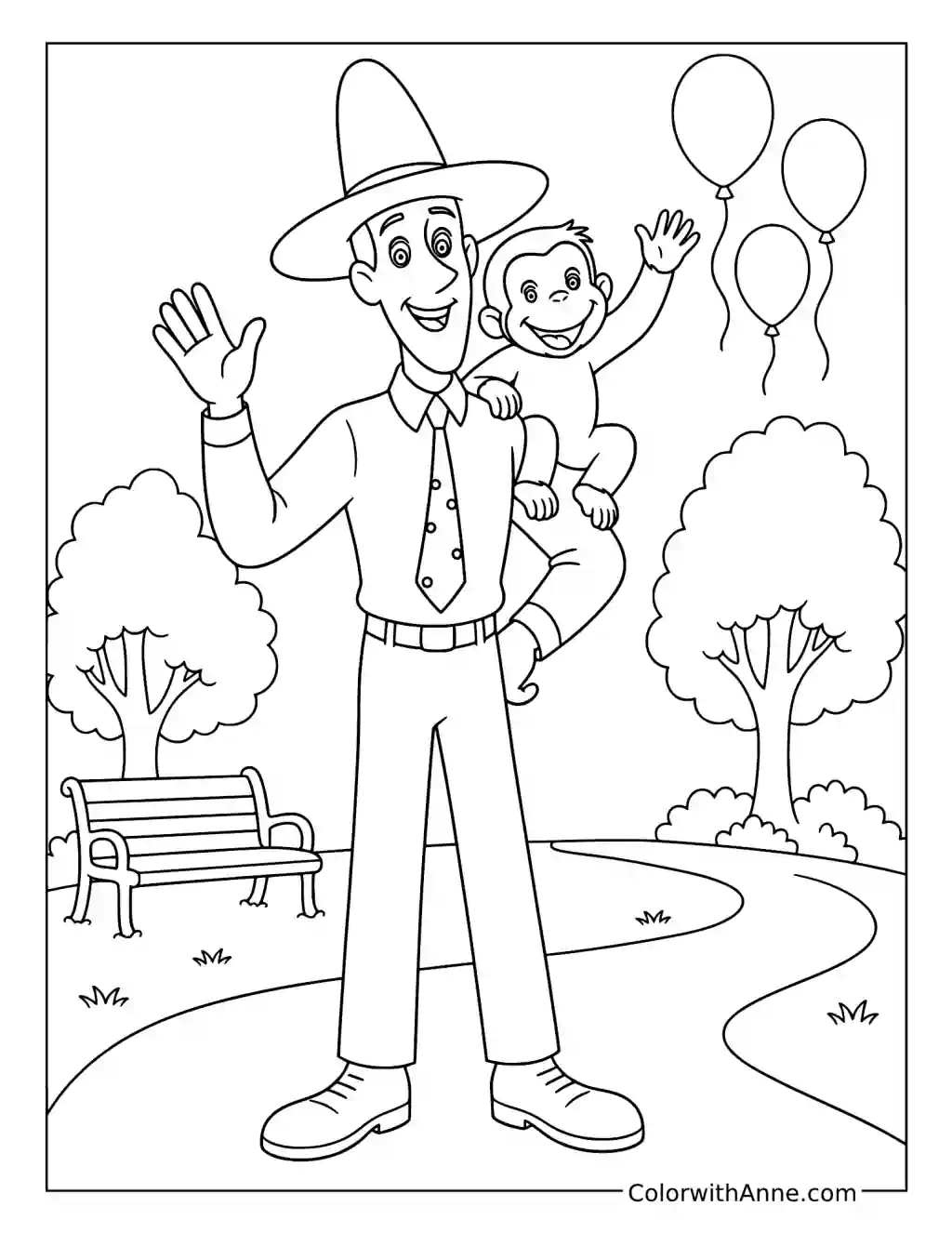 Curious George with the Man in the Yellow Hat coloring page