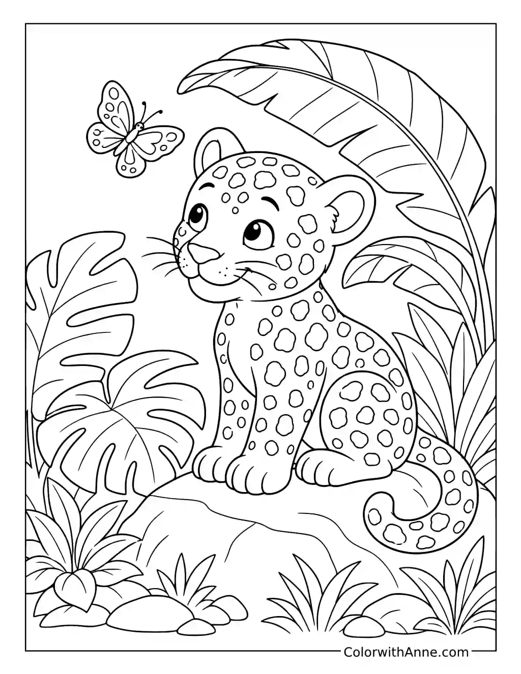 Curious Jaguar Cub Watching a Butterfly coloring page