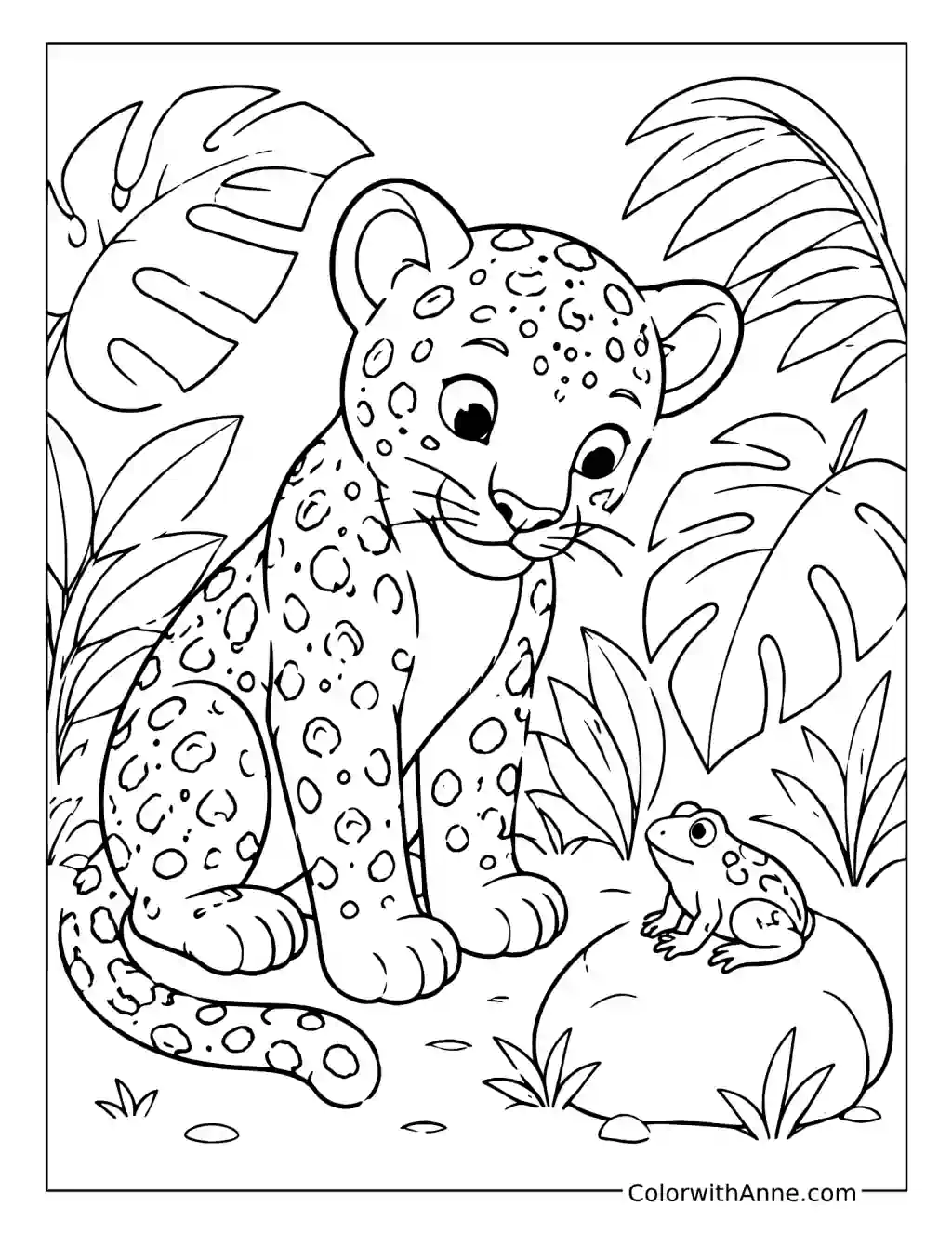 Curious Leopard Cub Meeting a Frog coloring page