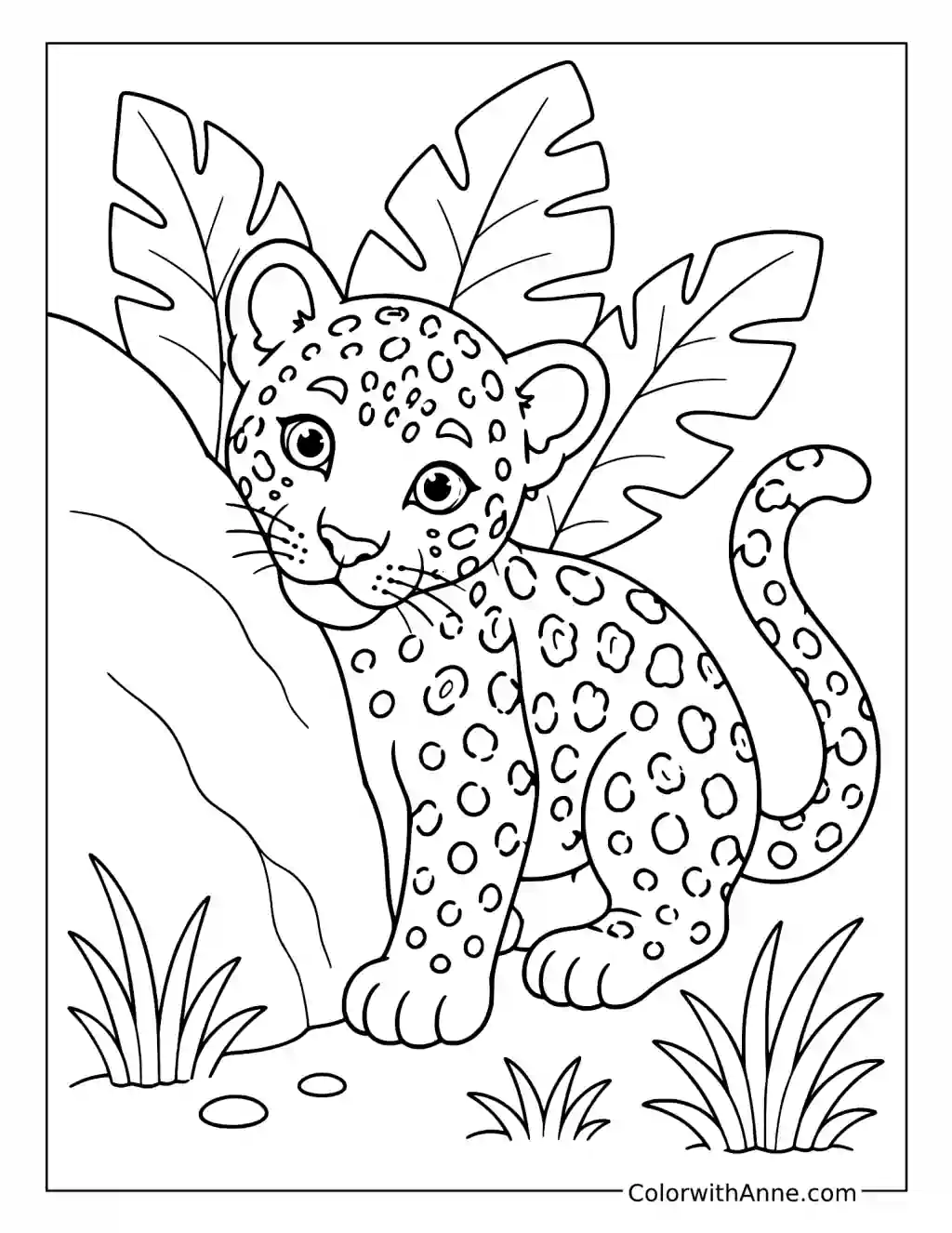 Curious Leopard Cub Peeking Behind a Rock coloring page