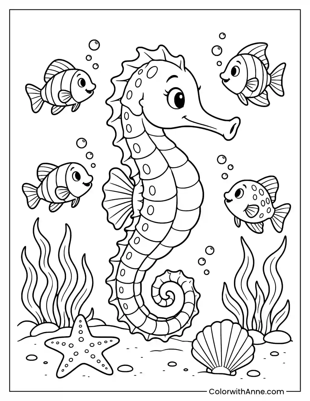 Curly Sea Horse with Friends Coloring Page