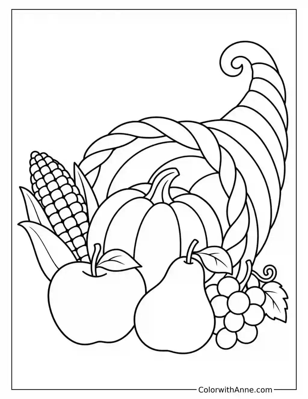 Curved Cornucopia with Harvest Fruit and Corn coloring page