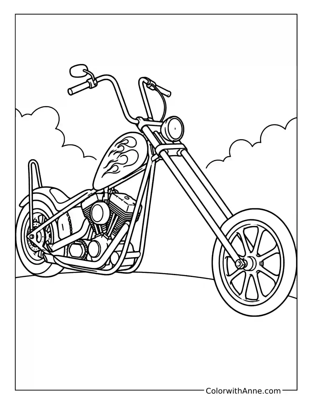 Custom Chopper Motorcycle with a Flame Tank coloring page