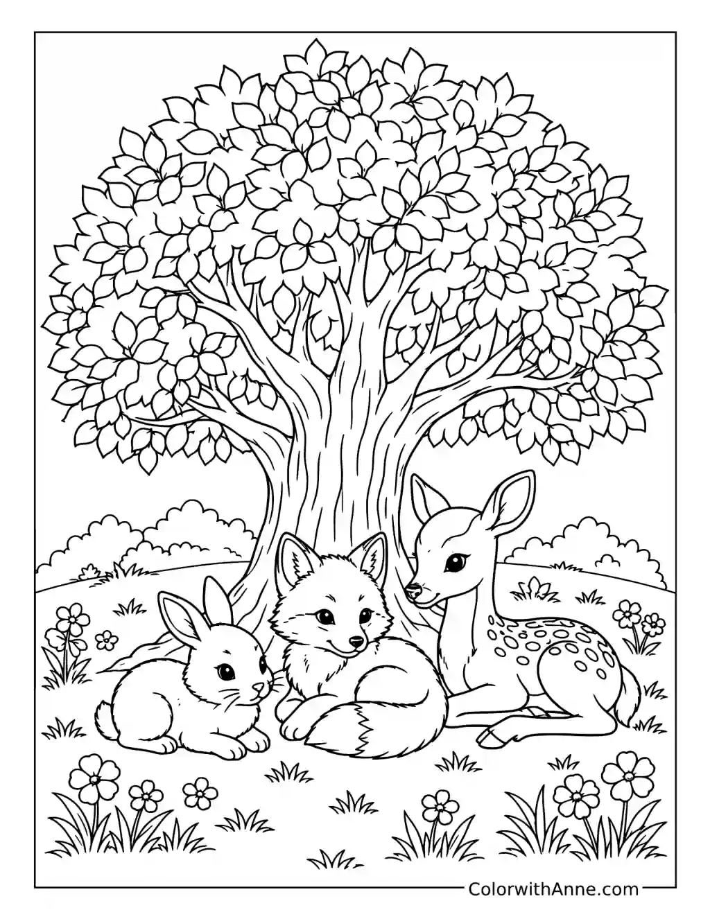 Cute Animals Under a Tree coloring page