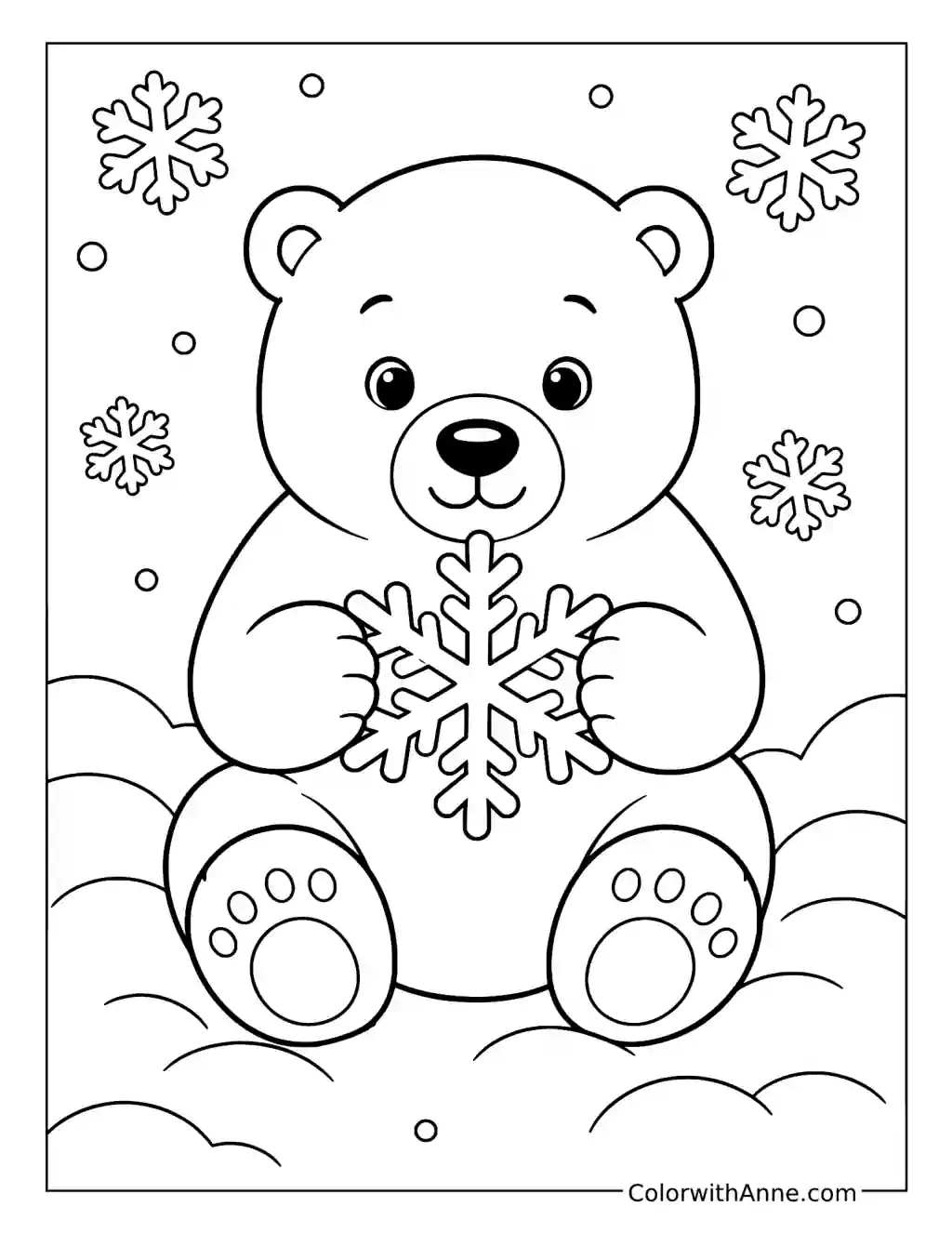 Cute Baby Polar Bear Holding a Snowflake coloring page