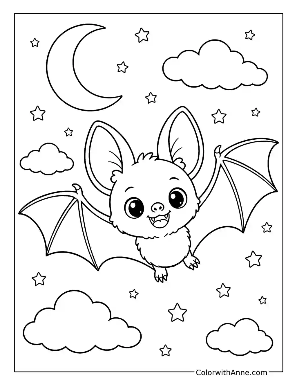 Cute Bat Flying among Clouds and Stars coloring page