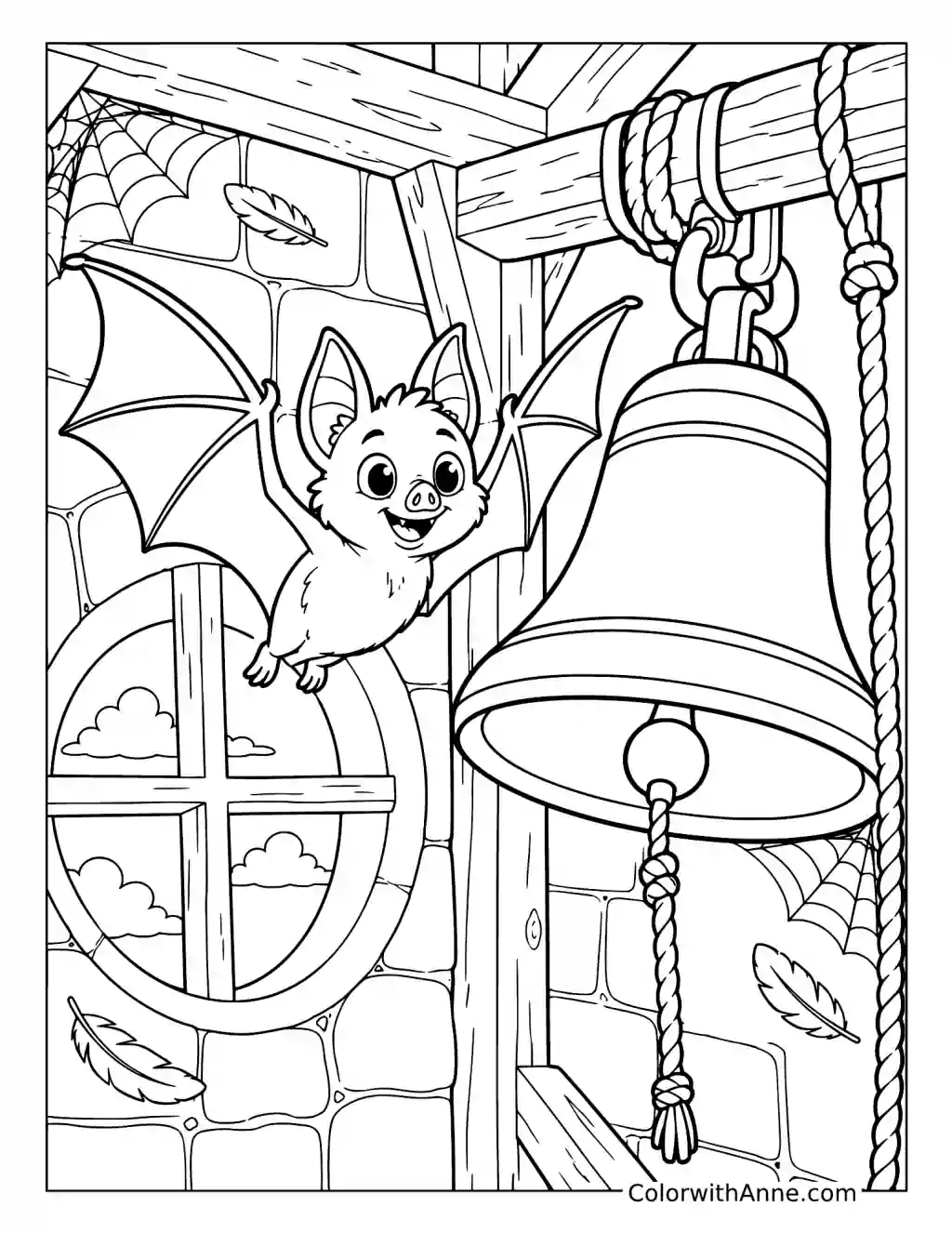Cute Bat Flying beside a Bell in a Bell Tower coloring page