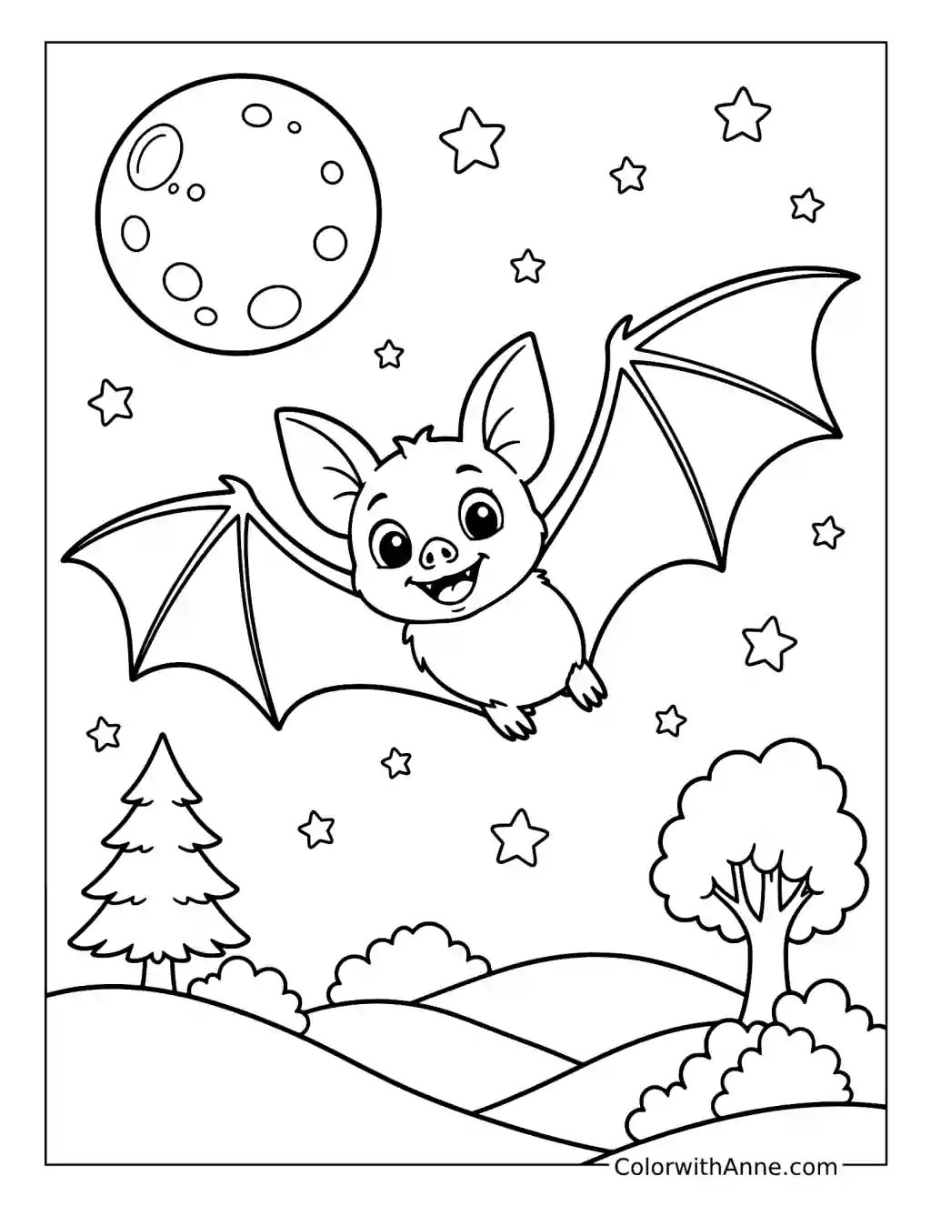 Cute Bat Flying over Hills under a Full Moon coloring page