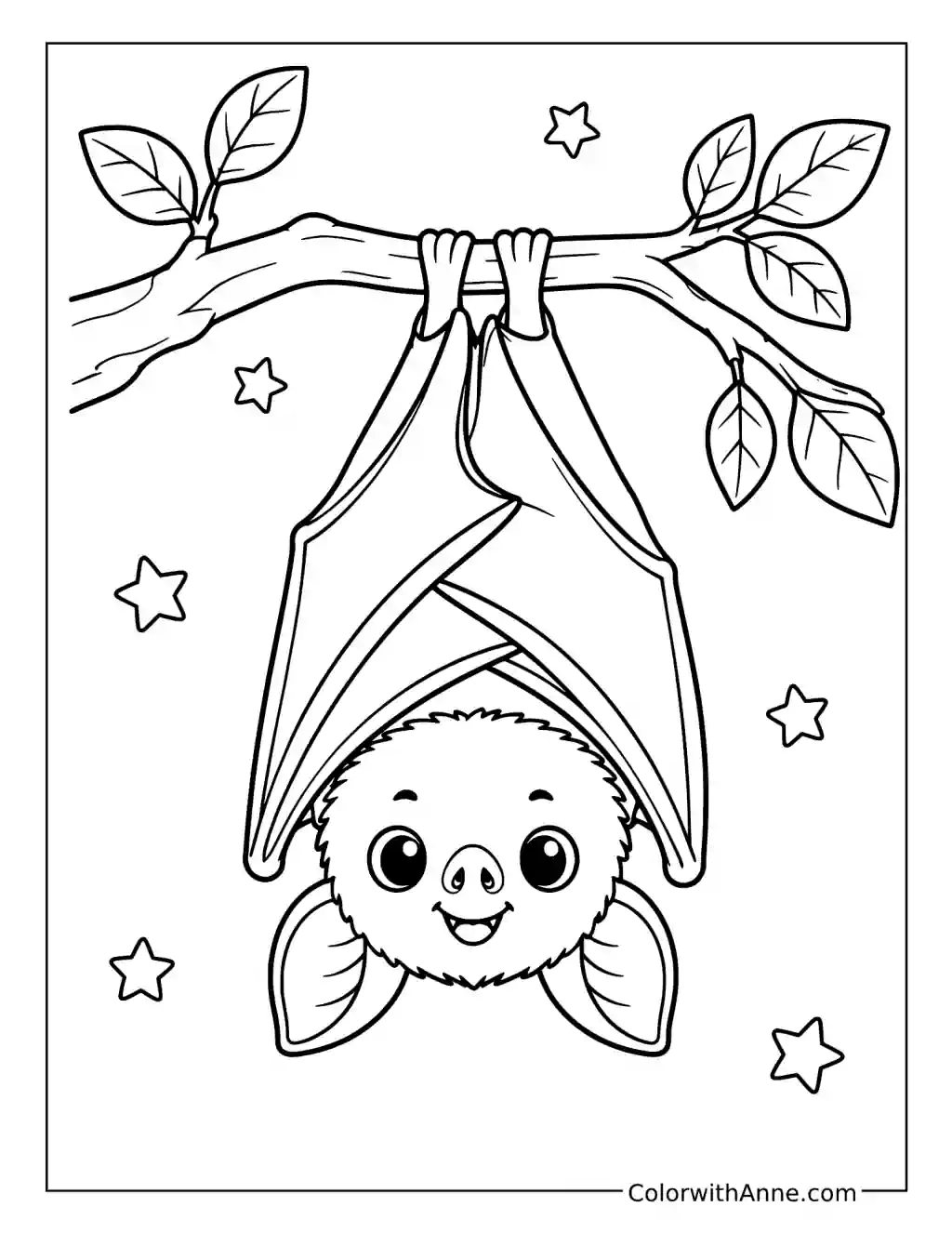 Cute Bat Hanging Upside Down from a Branch coloring page