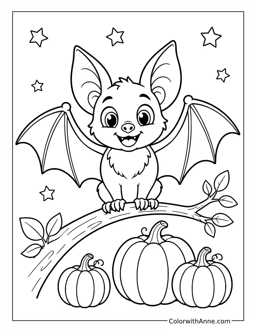 Cute Bat on a Branch above Pumpkins coloring page