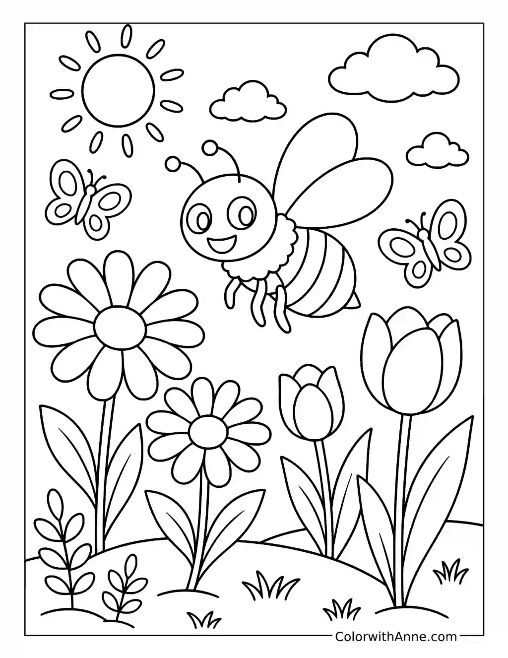 Cute Bee in a May Flower Garden coloring page
