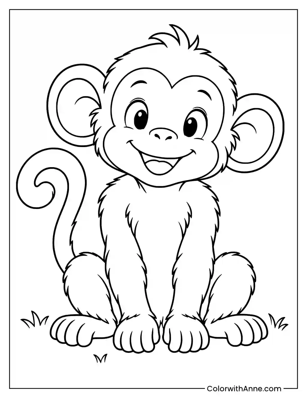 Cute Cartoon Monkey Sitting on the Ground Coloring Page