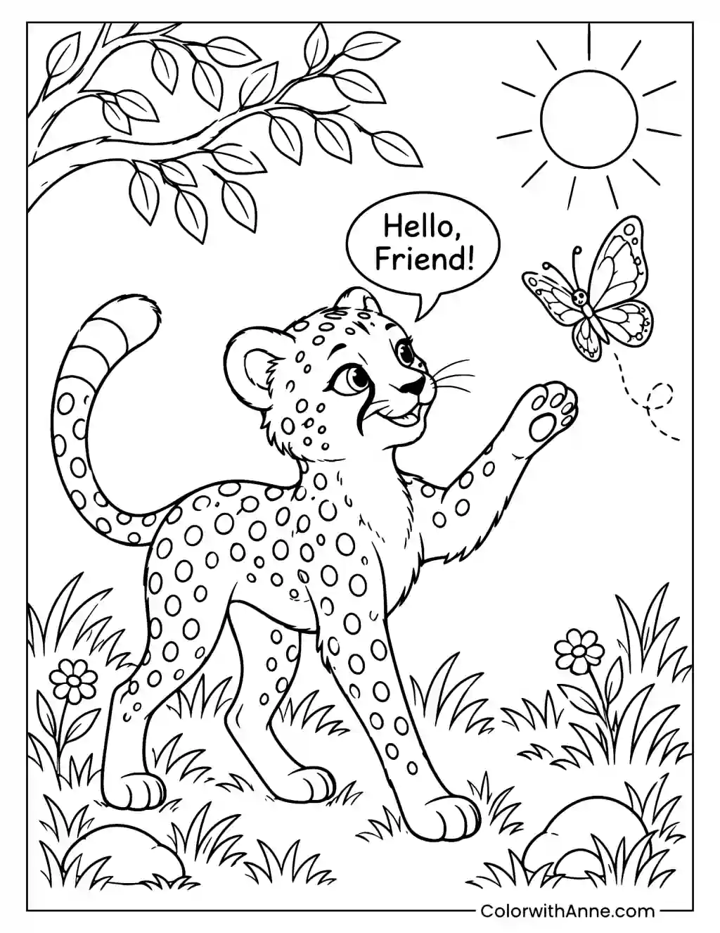 Cute Cheetah Playing with Butterfly Coloring Page