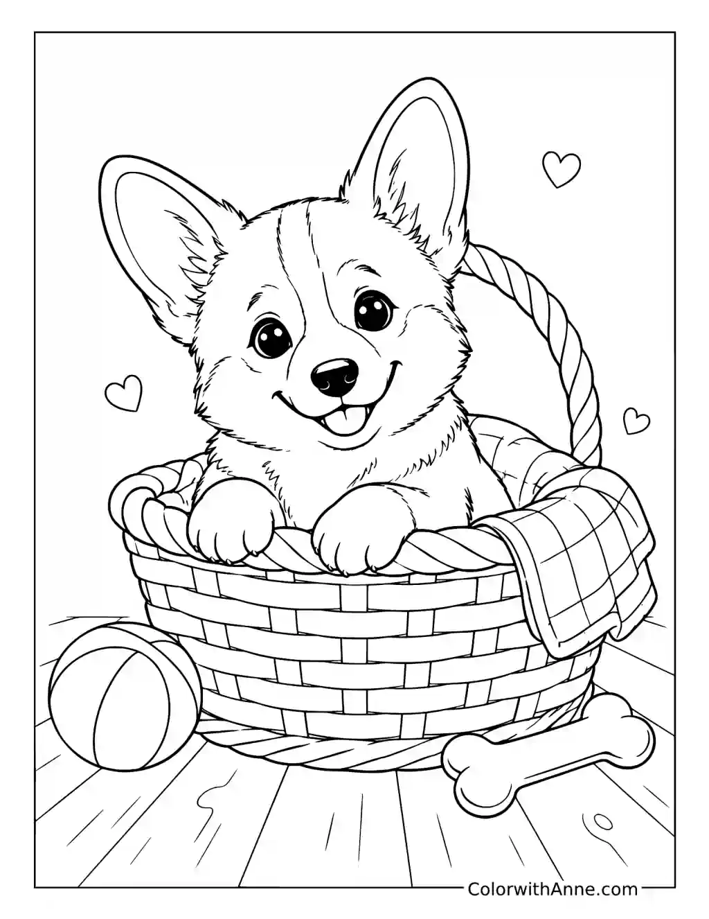 Cute Corgi Puppy in a Basket coloring page