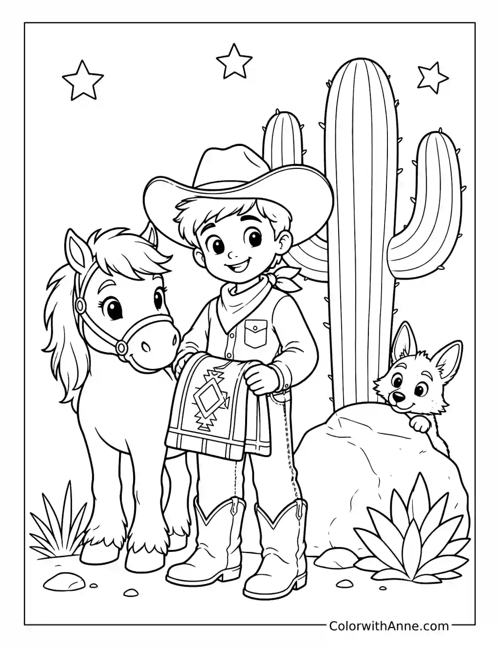 Cute Cowboy and Cactus coloring page